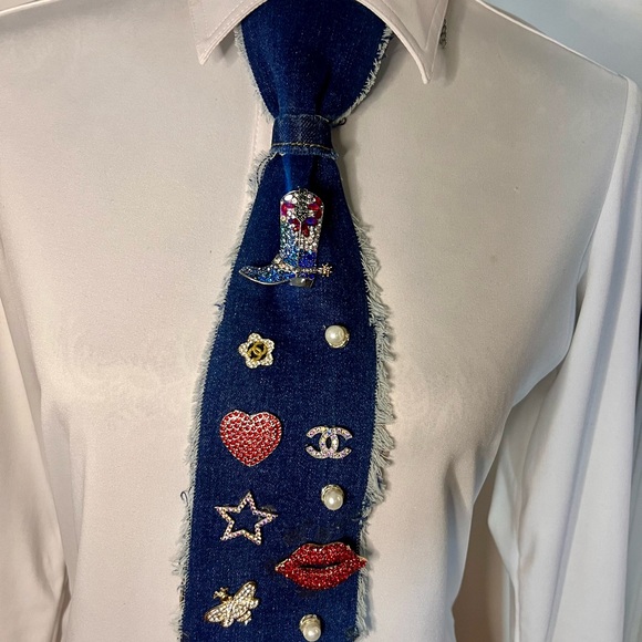 Denim Tie necklaces with Colorful embellishments. - Picture 2 of 4